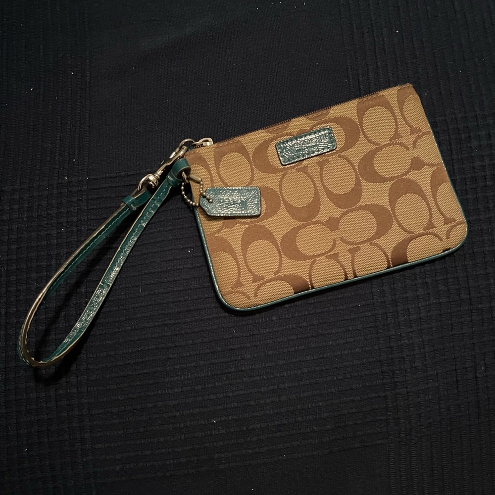 Coach Tan and Green Wristlet
